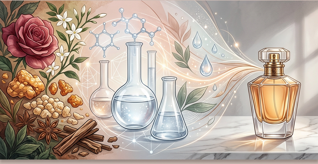 香料原液、エタノール、水と安定化成分から完成した香水ボトルへと結実する構成イメージ