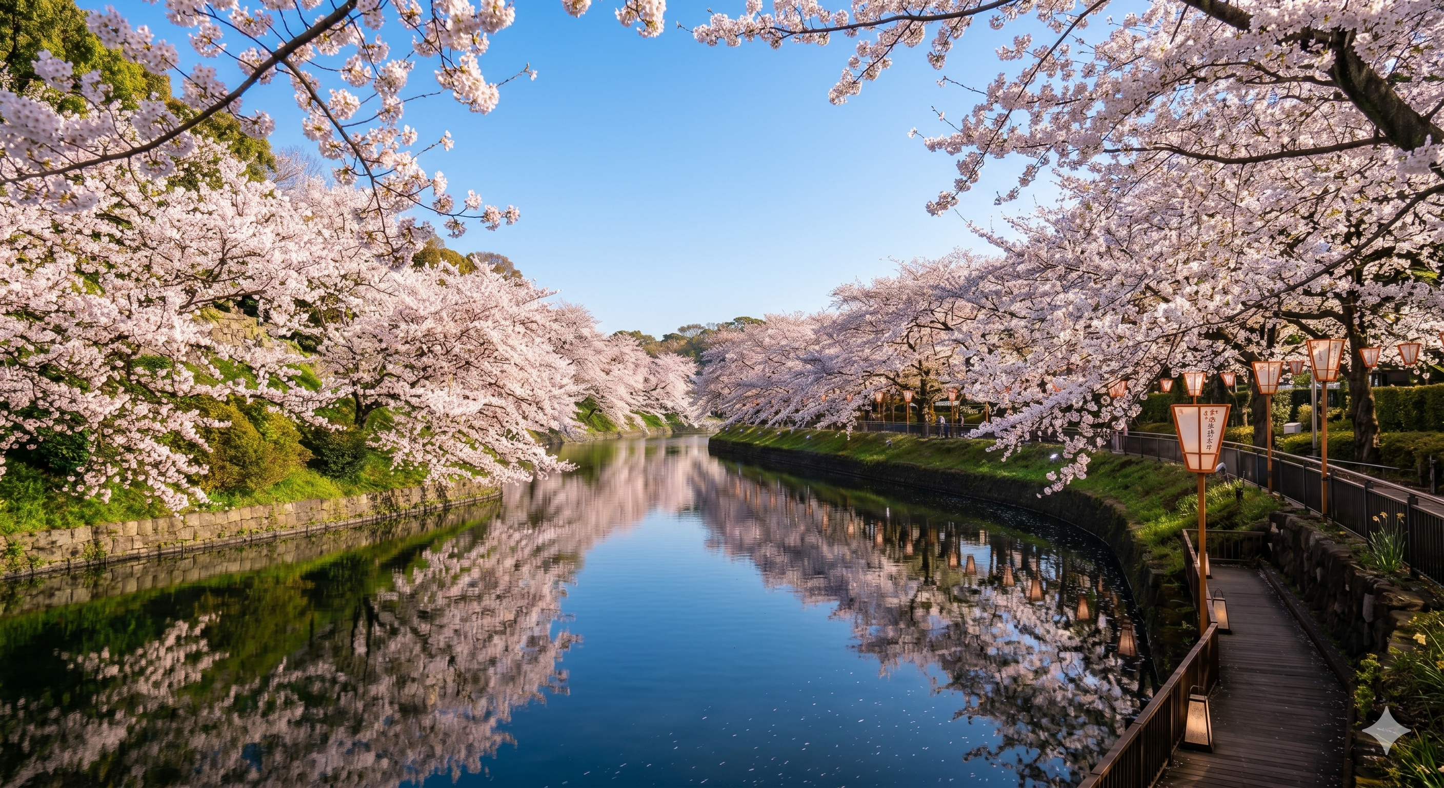 青空の下で水辺に映る桜並木