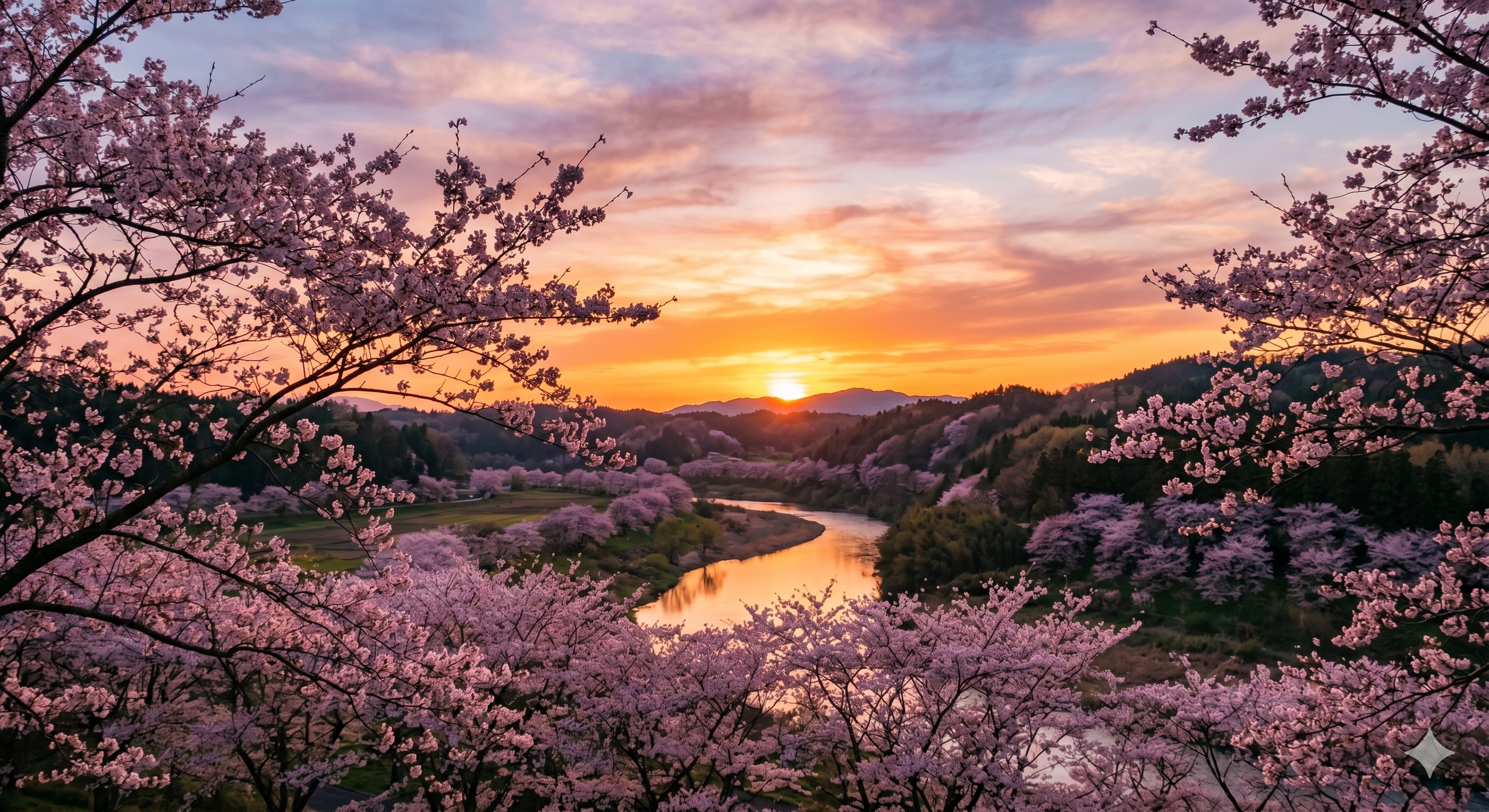 夕焼けの空と川辺を染める桜