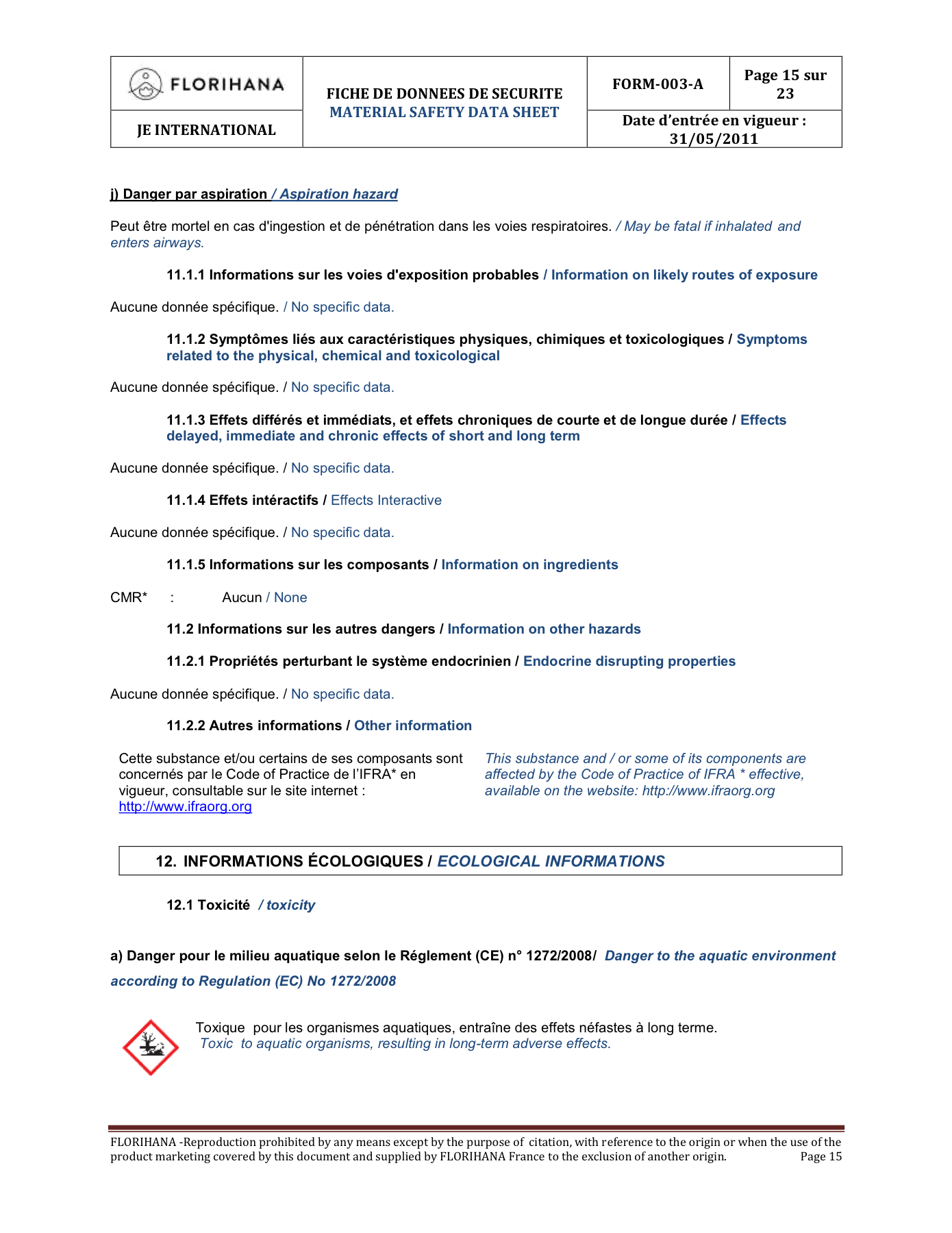 SDS 15ページのIFRA Code of Practiceへの言及